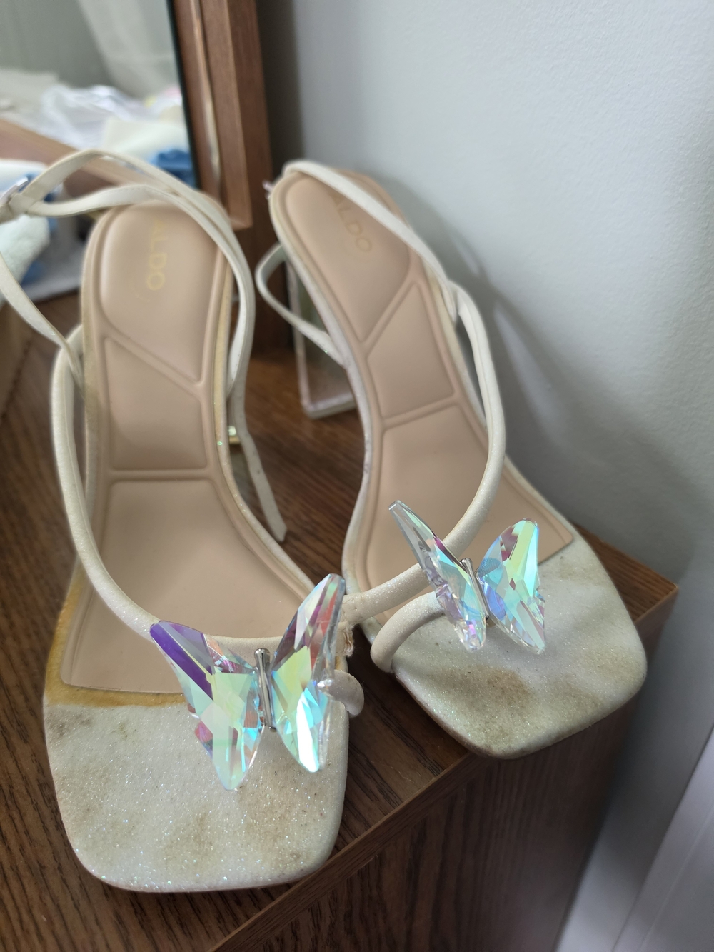 aldo Crystal Butterfly Embellished Ivory Women's Slingback Heels